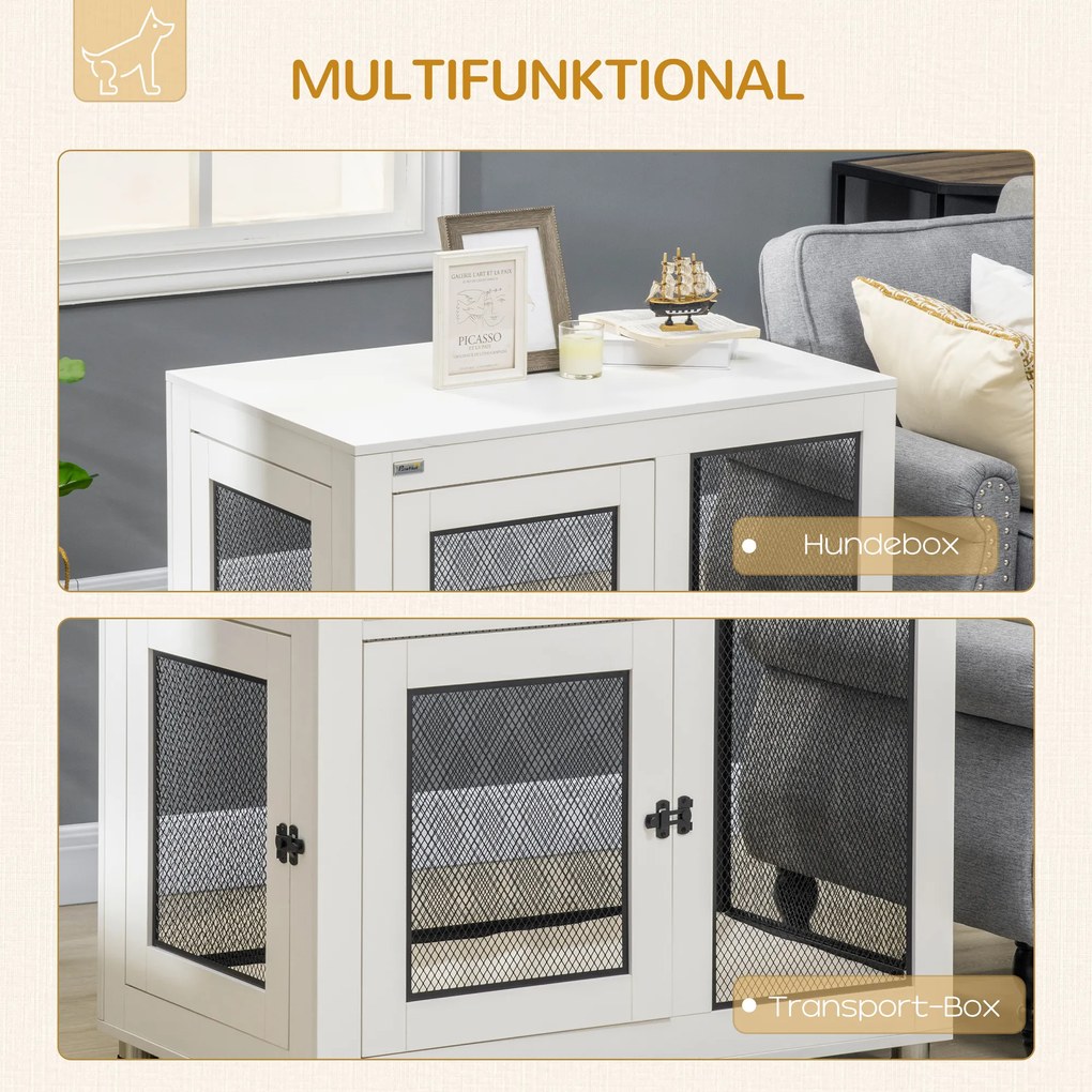 PawHut Κουτί σκύλου, με μαλακό χαλάκι, 2 πόρτες, κλειδώνει, Ατσάλι, Λευκό, 94 x 60 x 71,5 εκ.