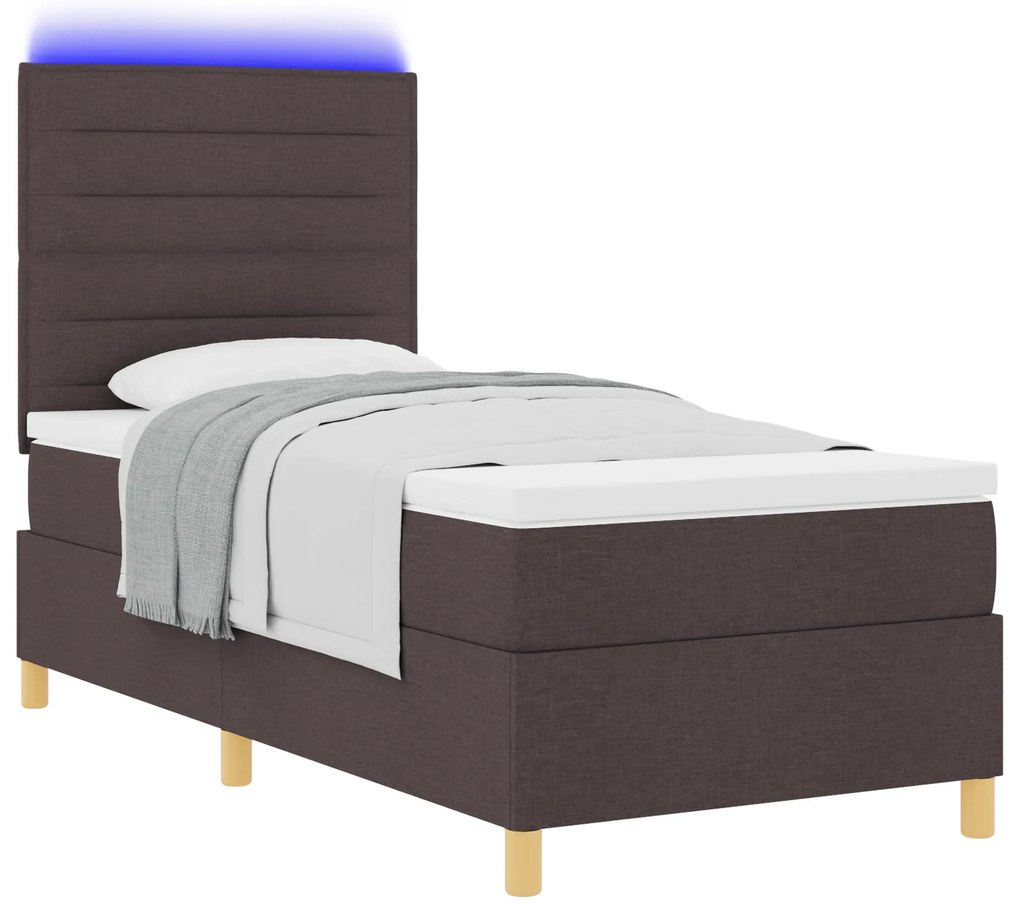vidaXL Box Spring Κρεβάτι με Στρώμα & LED Σκούρο Καφέ 90x200 cm Ύφασμα