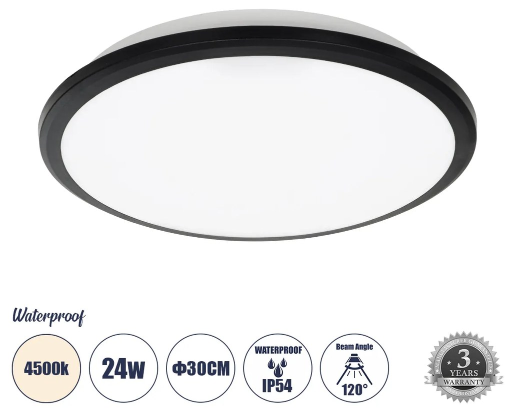 GloboStar® TUFFIN 60997 Πλαφονιέρα Οροφής LED 24W 2640lm 120° AC 220-240V Αδιάβροχη IP54 Φ30 x Υ6.5cm Φυσικό Λευκό 4500K - Μαύρο - Bridgelux Chips - 3 Years Warranty