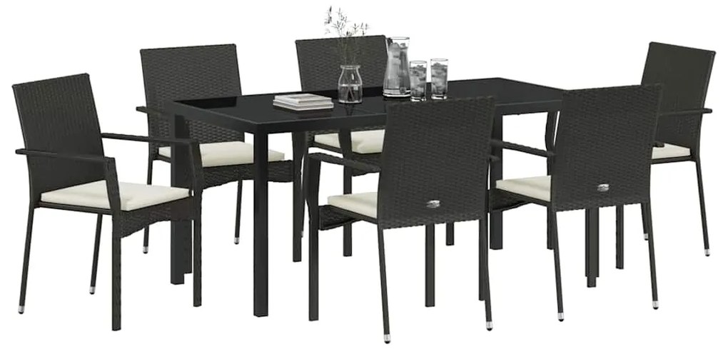 vidaXL Σέτ φαγητού για κήπο με μαξιλάρι 7 pcs Μαύρο Πολυ ράταν