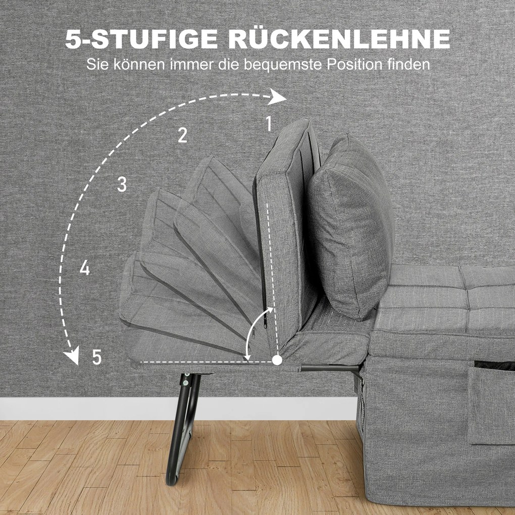 HOMCOM Κρεβάτι-καναπές 4-σε-1, κρεβάτι επισκεπτών, ρυθμιζόμενο ύψος, στρώμα, πλαϊνές τσέπες, μεταλλικό πλαίσιο, γκρι, 188 x 75 x 38 cm