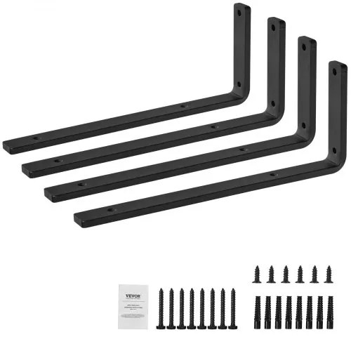 VEVOR Shelf Bracket, 16 x 6 in 4 Pcs, Heavy Duty Floating Shelf Brackets, Brackets for Shelves, 10mm Thick Matte Black L Shelf Bracket,Steel Shelving Brackets with 160 lbs Load Capacity