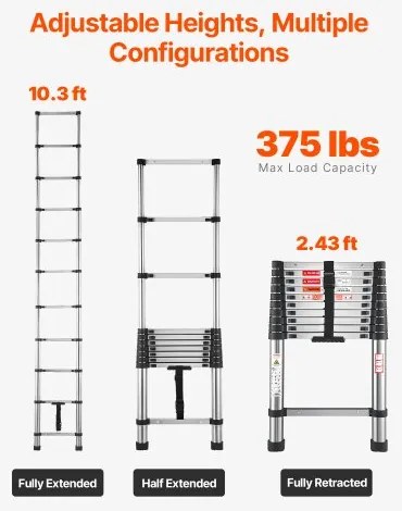 VEVOR Telescoping Ladder Stainless Steel Extension Step 10.5ft Portable Ladders