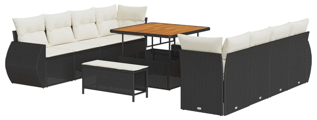 vidaXL 11 τεμαχίων σετ καναπέ κήπου με μαξιλάρια σε μαύρο πολυ rattan ακακία