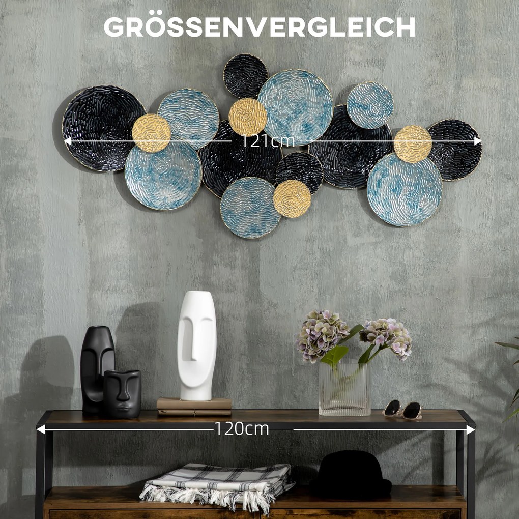 HOMCOM Διακόσμηση Τοίχου 3D με Κύκλους 121 cm x 4 cm x 53 cm Μέταλλο Μπλε + Μαύρο