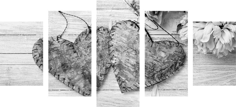 Εικόνα 5 μερών παιώνιες και καρδιές σημύδας σε ασπρόμαυρο - 100x50