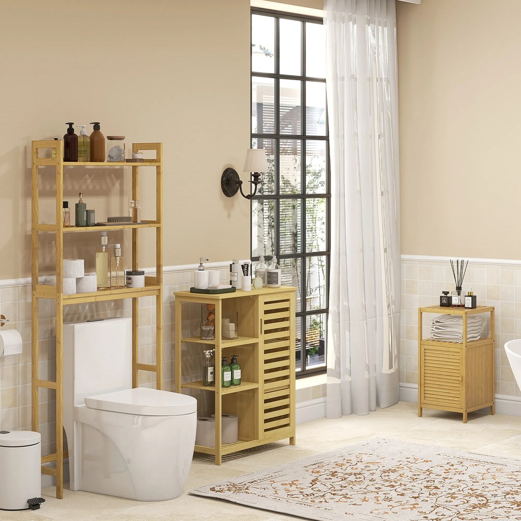 Ντουλάπι μπάνιου kleankin από μπαμπού, 3 ράφια, 1 ντουλάπι με περσίδες πόρτες, φυσικό