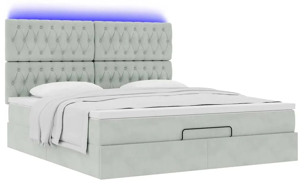 vidaXL Οθωμανικό κρεβάτι με στρώματα & LEDs Ανοιχτό γκρι Βελούδο