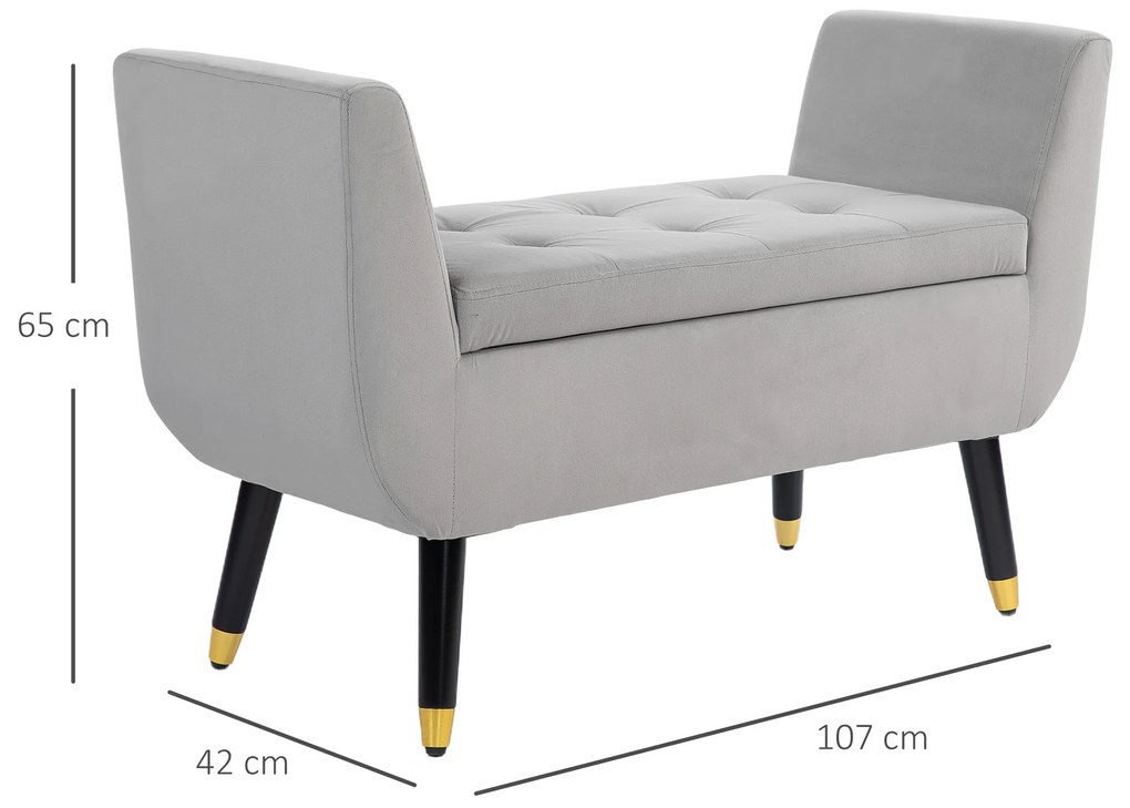 HOMCOM Παγκάκι με Αποθηκευτικό Χώρο και Μπράτσα, Κουτί Αποθήκευσης, Βελούδινο Πολυεστέρας, Καουτσούκ Ξύλο, Ανοιχτό Γκρι, 107 x 42 x 65 cm