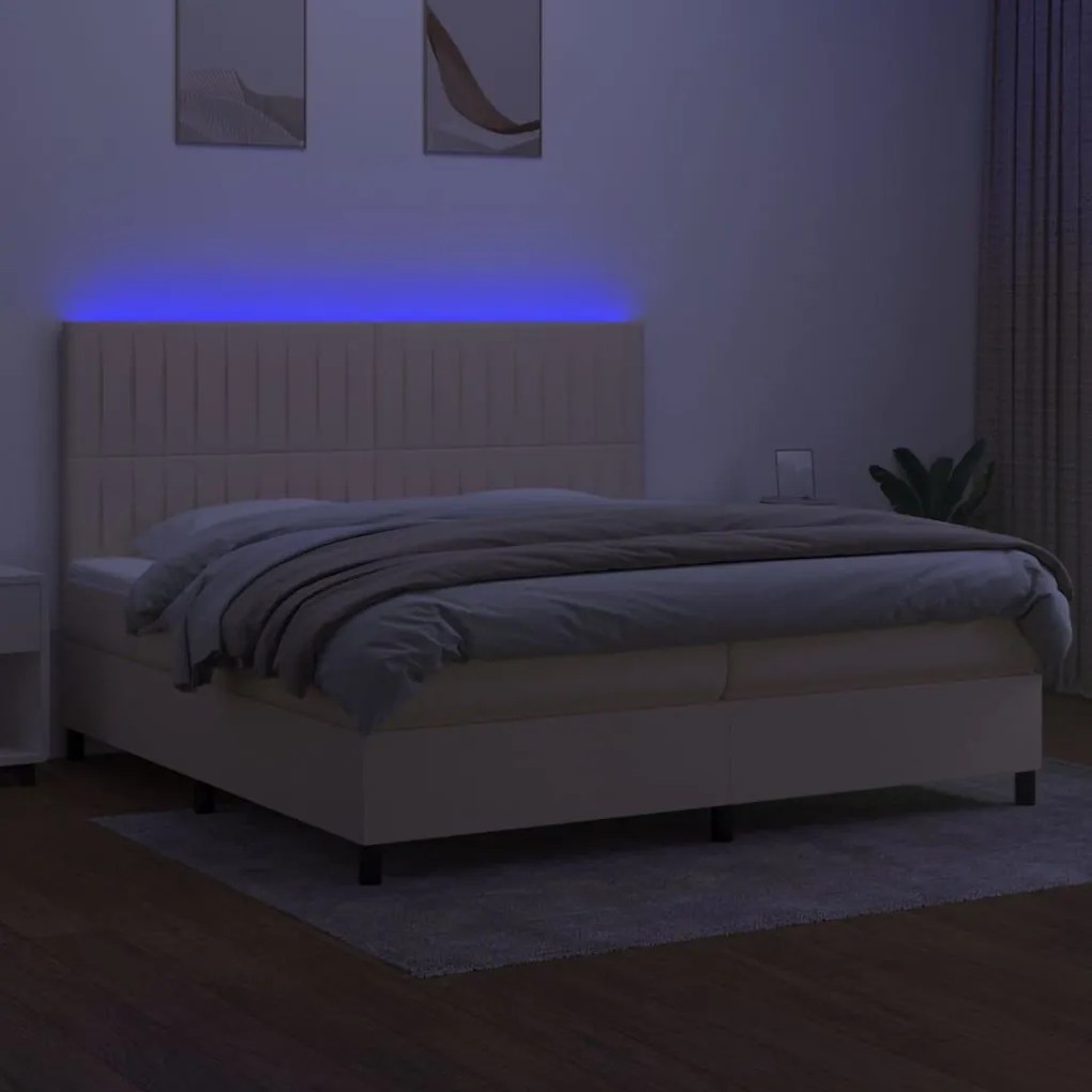 Κρεβάτι Boxspring με Στρώμα &amp; LED Κρεμ 200x200 εκ. Υφασμάτινο - Κρεμ