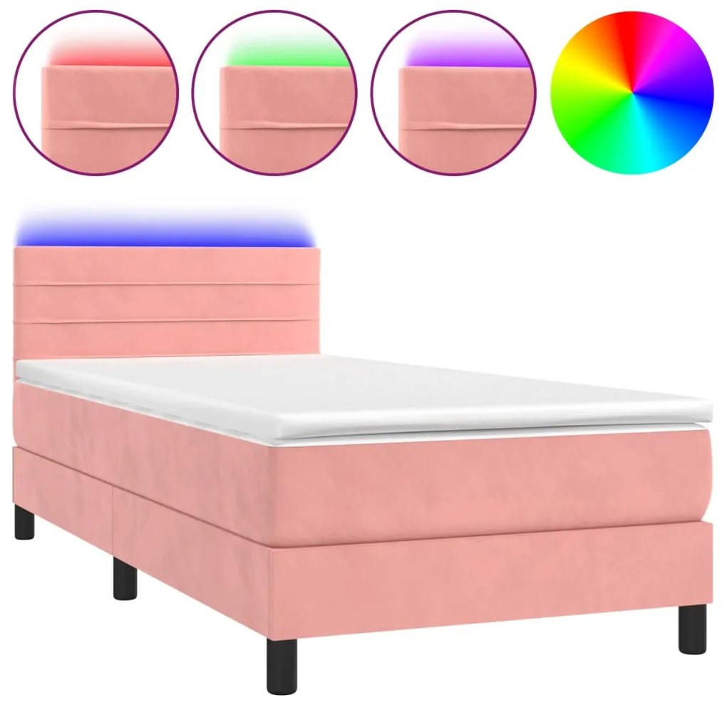 vidaXL Κρεβάτι Boxspring με Στρώμα & LED Ροζ 100x200 εκ. Βελούδινο