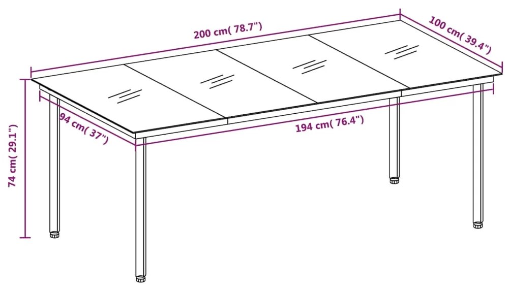 vidaXL Τραπεζαρία Κήπου Μαύρη 200 x 100 x 74 εκ. από Ατσάλι και Γυαλί