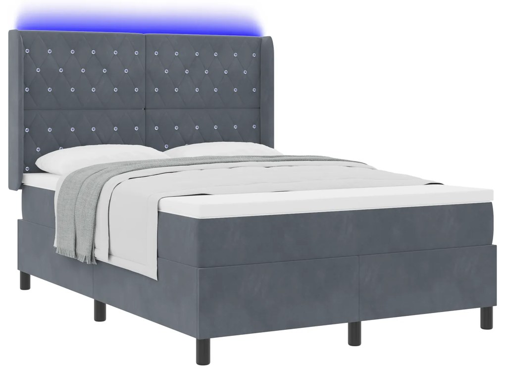 vidaXL Κρεβάτι Box Spring με Στρώμα & LED Γκρι 140x190 εκ Βελούδινο