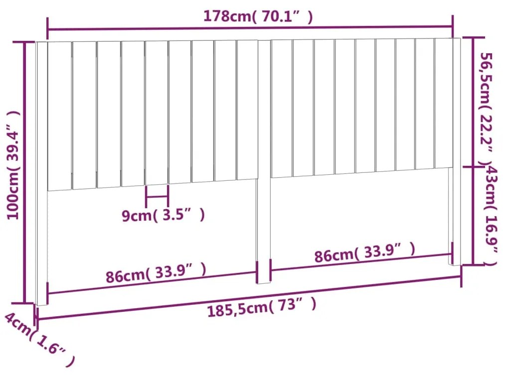 vidaXL Κεφαλάρι Κρεβατιού Λευκό 185,5x4x100 εκ. Μασίφ Ξύλο Πεύκου