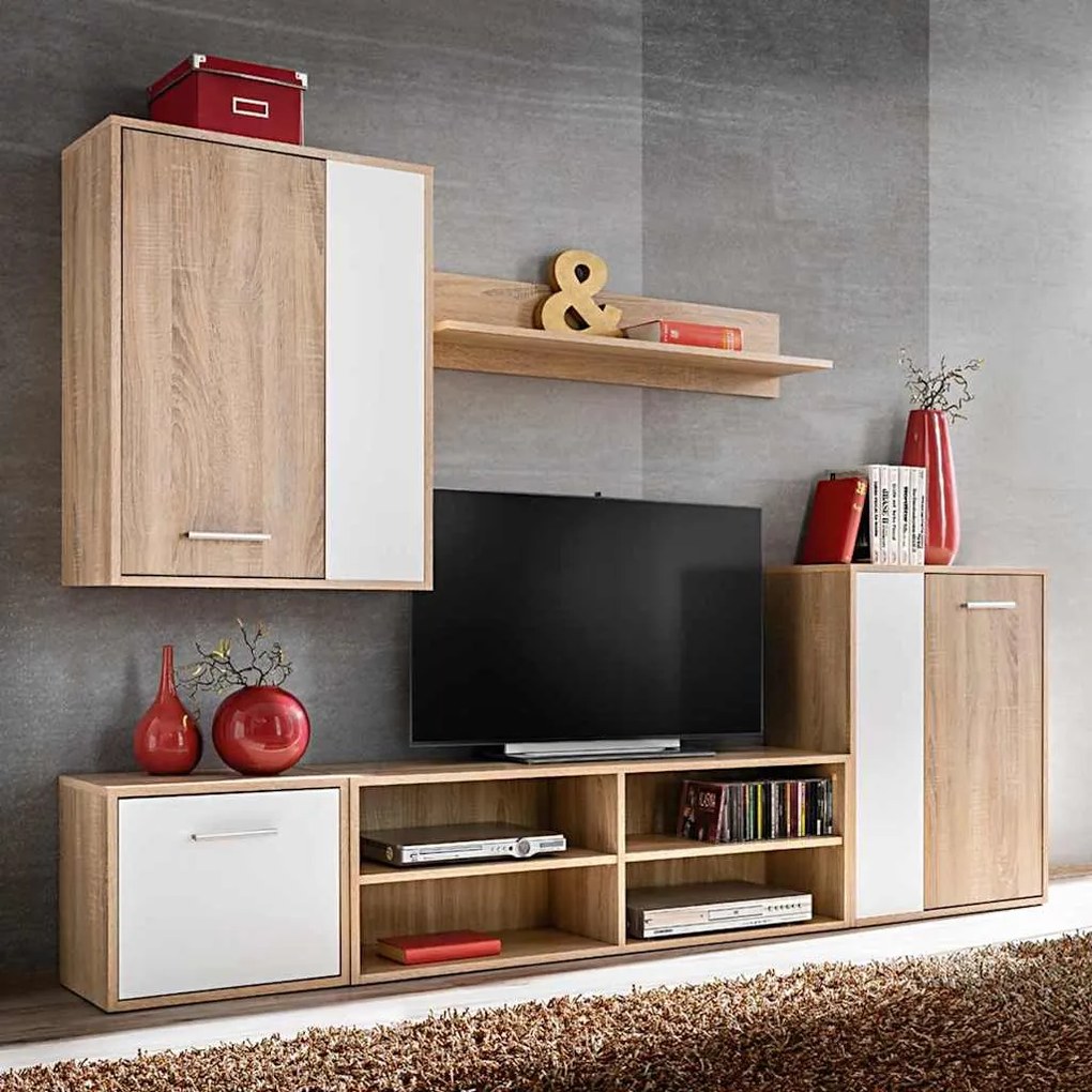 vidaXL Σετ επίπλου τηλεόρασης Επιτοίχιο 5 pcs Λευκό και ξύλο Sonoma