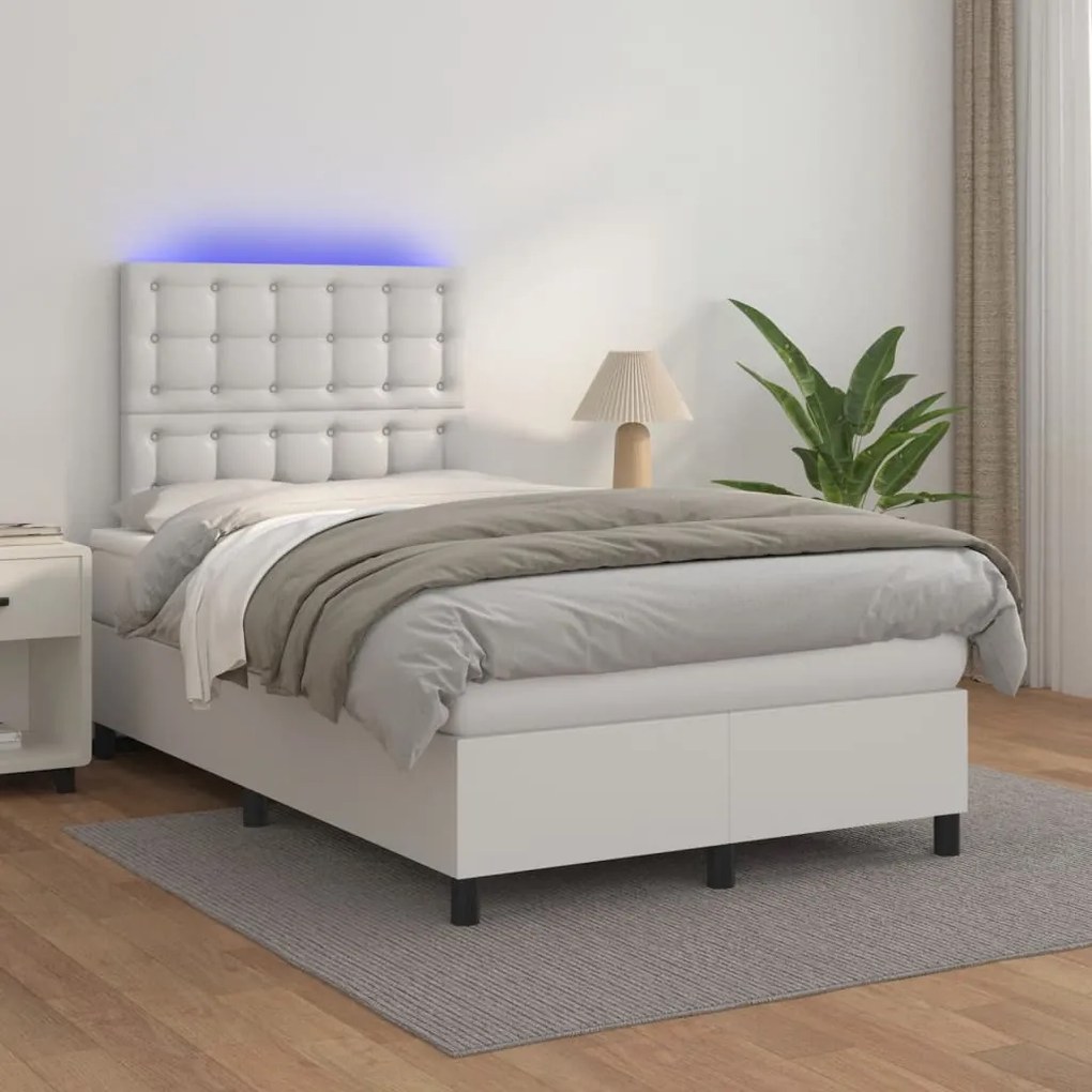 Κρεβάτι Boxspring με Στρώμα &amp; LED Λευκό 120x190 εκ. Συνθ. Δέρμα  - Λευκό