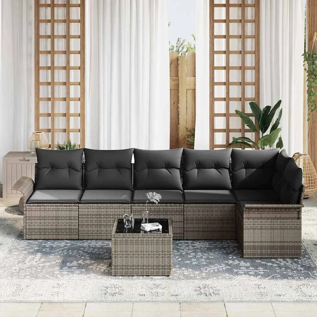 vidaXL Σετ Καναπέ Κήπου με μαξιλάρι 7 pcs Γκρι Πολυ ράταν