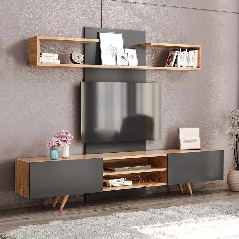 Σύνθεση τηλεόρασης Giacomo Megapap χρώμα sapphire oak - ανθρακί 180x40x45εκ. - GP055-0021,1