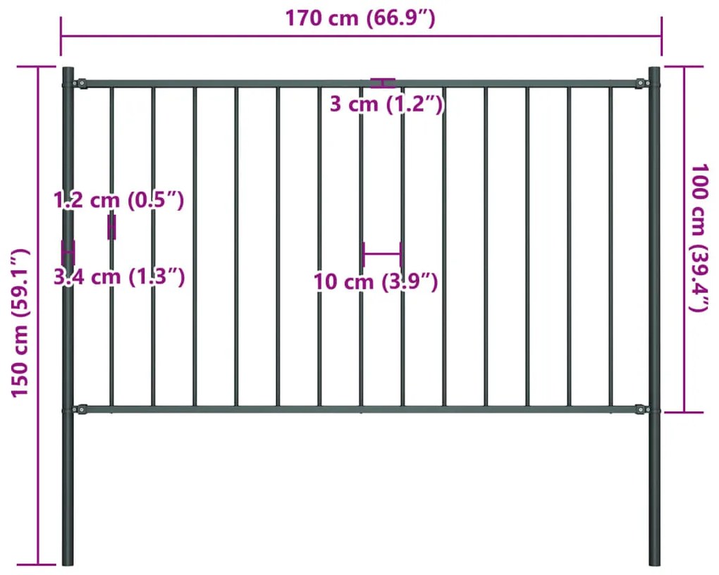 vidaXL Πάνελ Περίφραξης Ανθρακί 1,7x1 μ. Ατσάλι Ηλεκτρ. Βαφή + Στύλοι