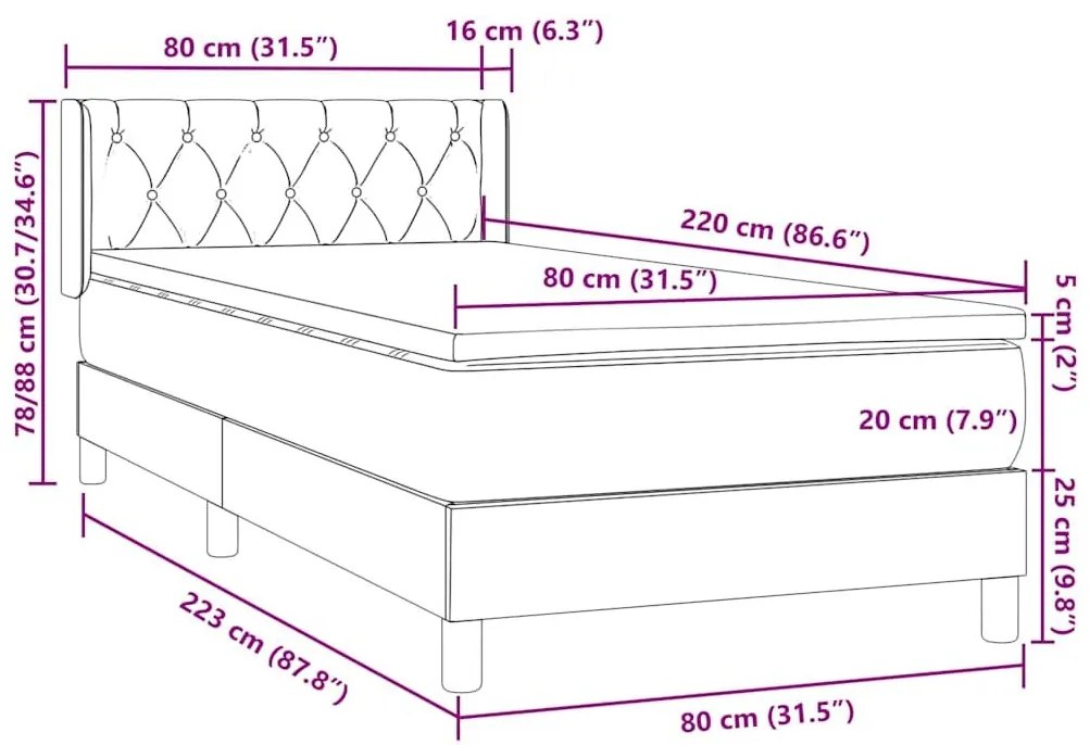 Κρεβάτι Boxspring με Στρώμα Μαύρο 80x220 εκ. Βελούδινο - Μαύρο