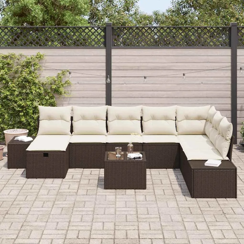 vidaXL Σετ Καναπέ Κήπου με μαξιλάρι 9 pcs Καφέ Πολυ ράταν