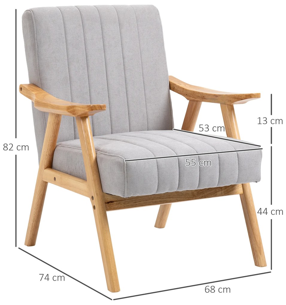 HOMCOM Πολυθρόνα σε Σκανδιναβικό Σχέδιο, έως 120 kg, Όψη Βελούδου, Μασίφ Ξύλο, 68 cm x 74 cm x 82 cm, Φυσικό + Γκρι