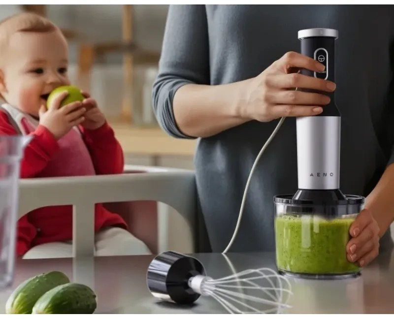 Μπλέντερ, τεμαχιστής και μίξερ 3 σε 1 AENO AHB0004B, 1200W, 0,5 l, 18 στάδια, Turbo, DC μοτέρ, Μαύρο/inox