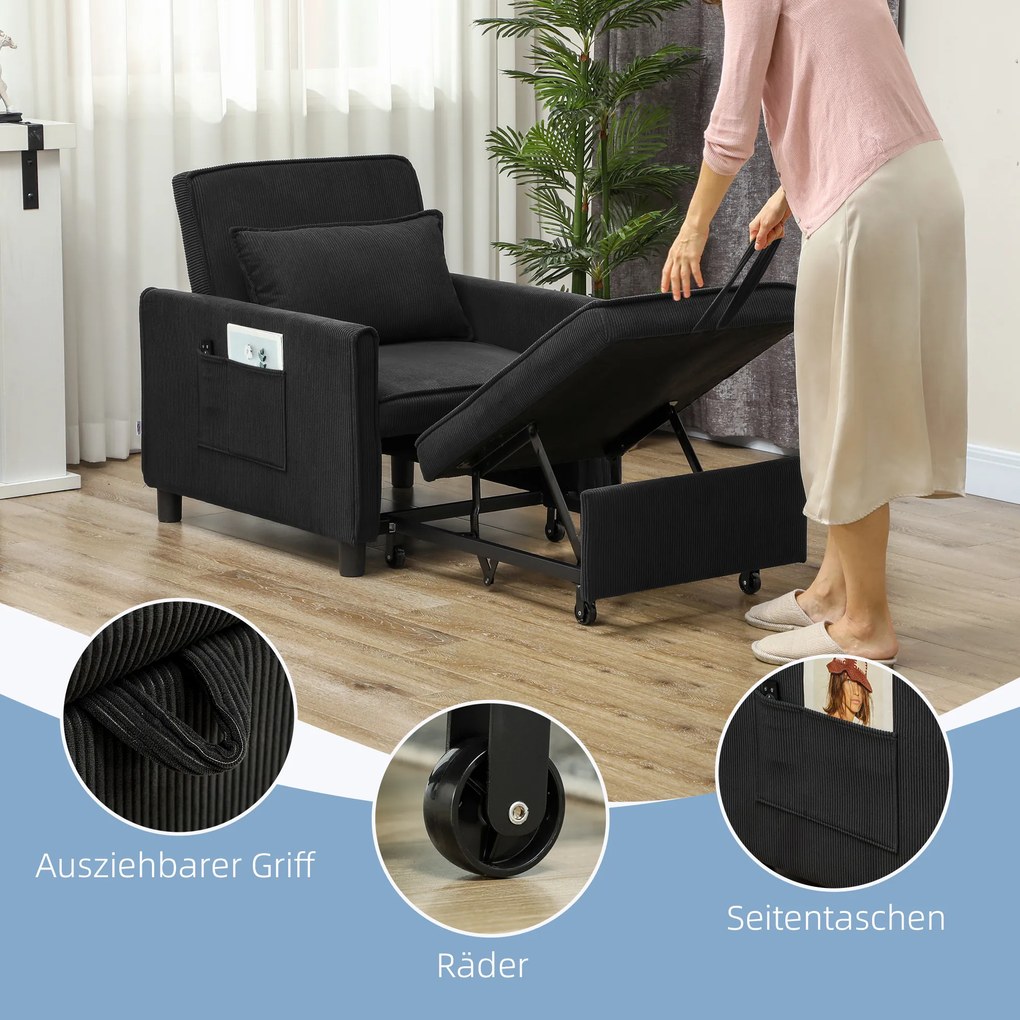 Πολυθρόνα-κρεβάτι HOMCOM, ρυθμιζόμενη, 3 θέσεις, κάλυμμα κοτλέ, έως 120 kg, μαύρο