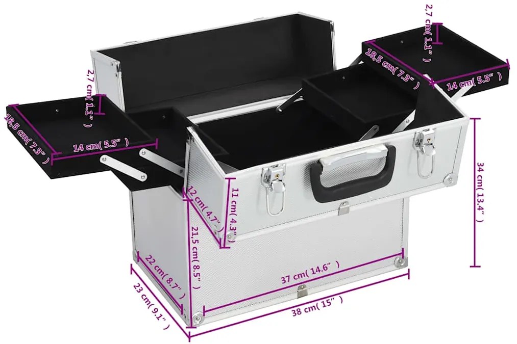 vidaXL Βαλίτσα Μακιγιάζ Ασημί 38x23x34 εκ. Αλουμινίου