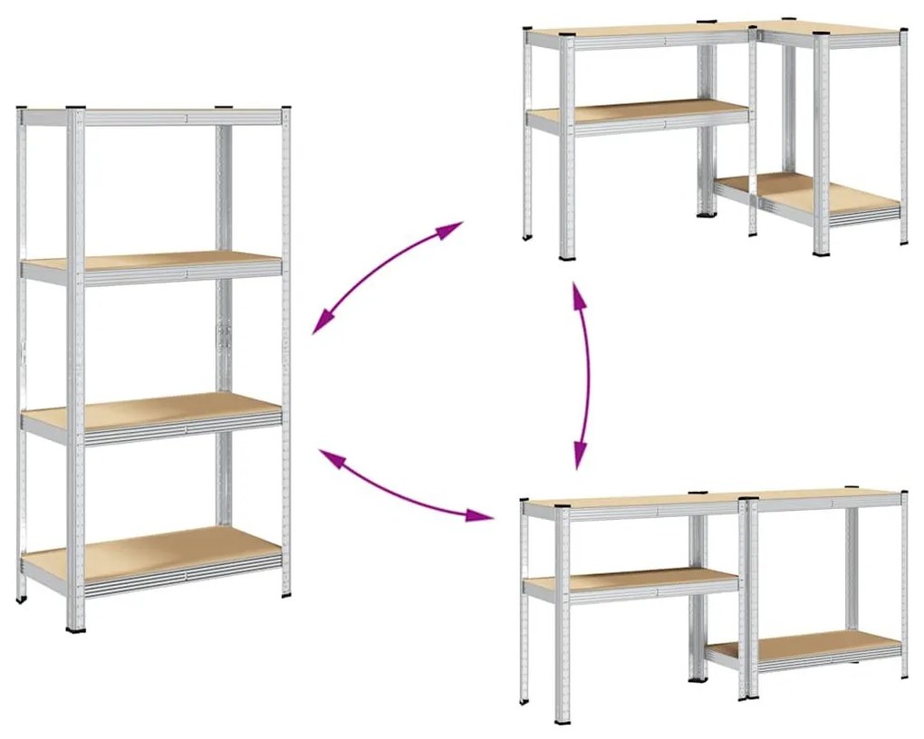 Ράφια αποθήκευσης 4 στρώσεων 2 τμχ Ασημί χάλυβας &amp; Τεχνικό ξύλο - Ασήμι