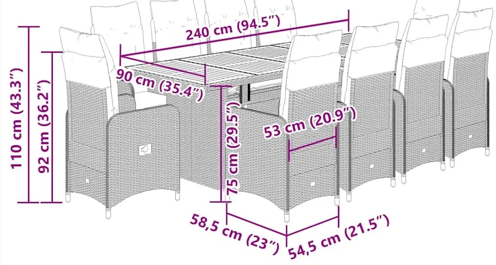 vidaXL Σετ Επίπλων Bistro Κήπου 11τεμ Μαύρο Συνθετ. Ρατάν με Μαξιλάρια