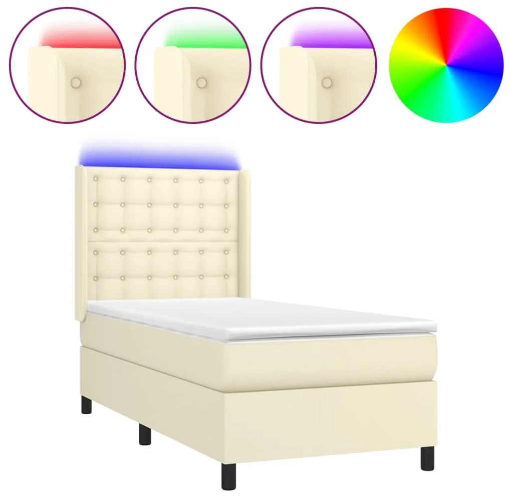vidaXL Κρεβάτι Boxspring με Στρώμα & LED Κρεμ 90x200 εκ. Συνθ. Δέρμα