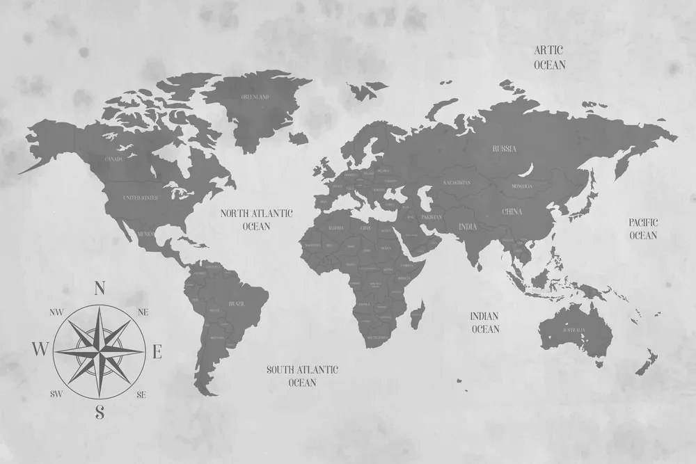 Εικόνα στο φελλό ενός αξιοπρεπούς παγκόσμιου χάρτη σε ασπρόμαυρο - 90x60  color mix