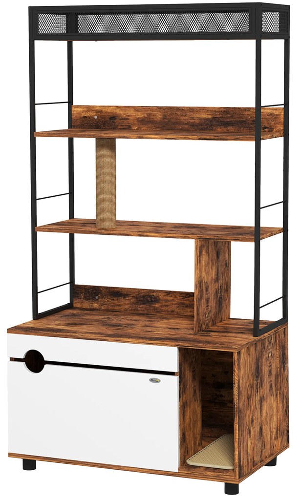 PawHut Γάτα τουαλέτα με ράφι 3 επιπέδων και στύλο ξυσίματος, κλειστή γάτα τουαλέτα, 80 x 48 x 152 cm, Καφέ