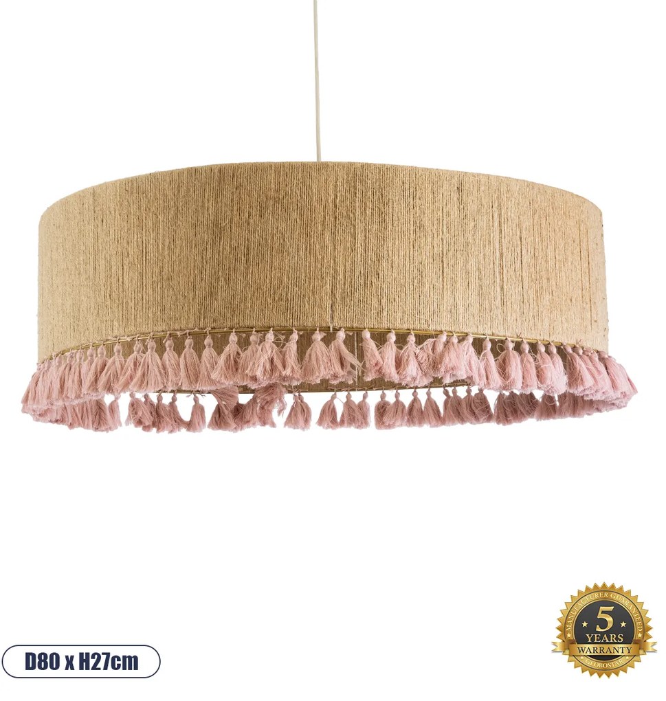 02097 GloboStar® PUERTORICO 02097 Boho Κρεμαστό Φωτιστικό Καπέλο Τρίφωτο 3 x E27 IP20 Μπεζ & Ροζ Σχοινί - Μ80 x Π80 x Υ27cm