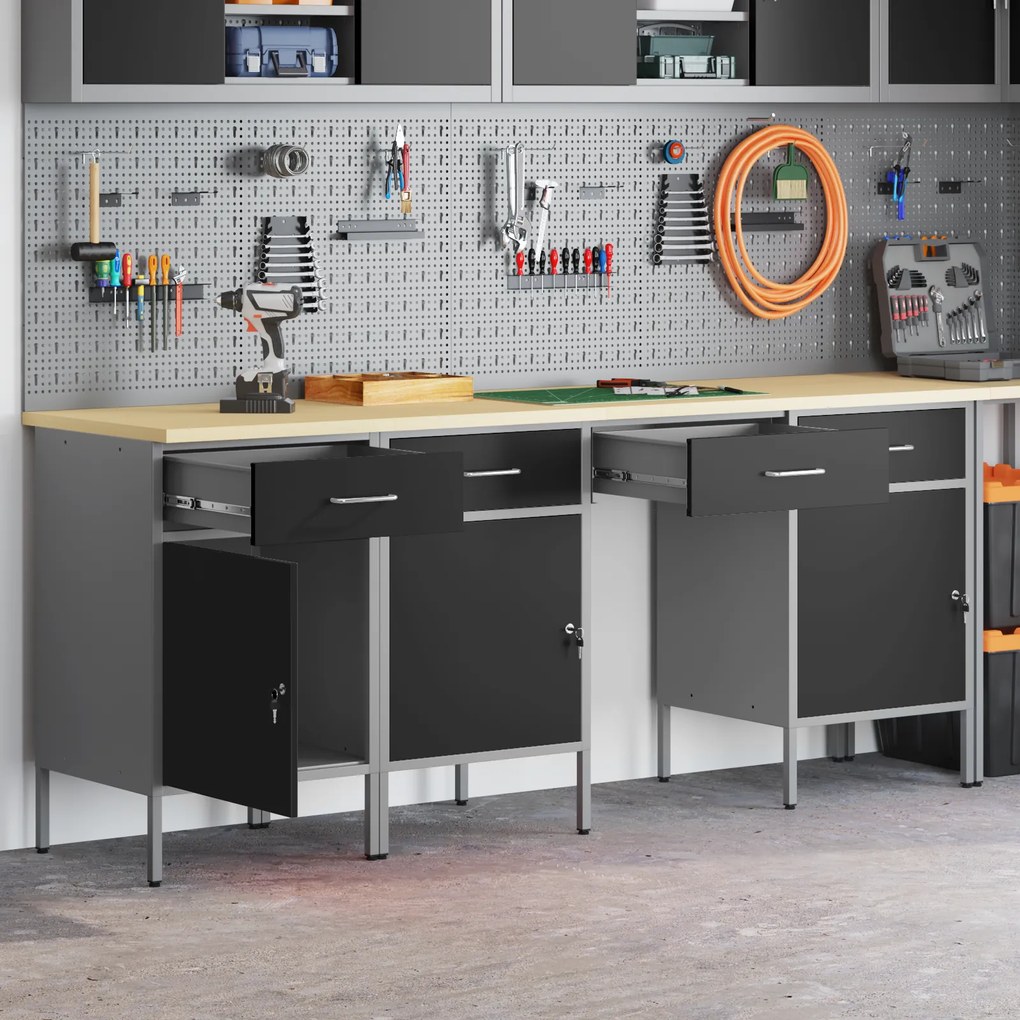 vidaXL Set εργασίας 4 τεμαχίων  με cabinet και τραπέζι Μαύρο Επεξεργασμένο ξύλο και Χάλυβα