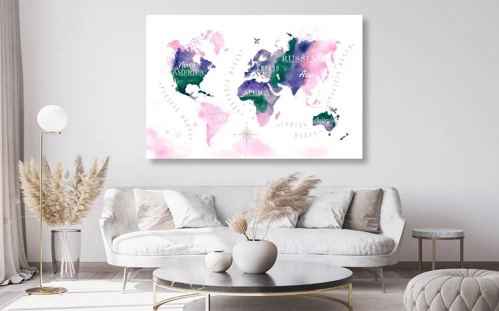 Εικόνα στον παγκόσμιο χάρτη φελλού σε σχέδιο ακουαρέλας - 90x60  color mix