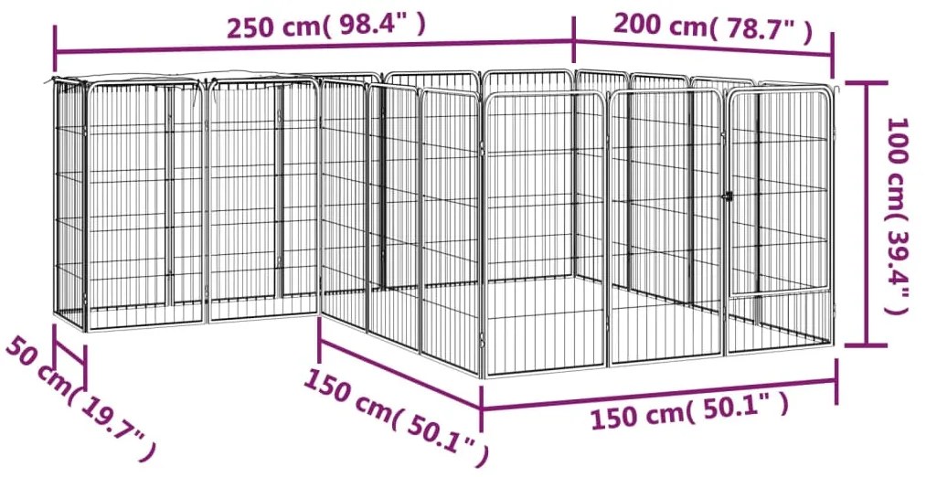 vidaXL Κλουβί Σκύλου 18 Πάνελ Μαύρο 50x100 εκ. Ατσάλι με Βαφή Πούδρας