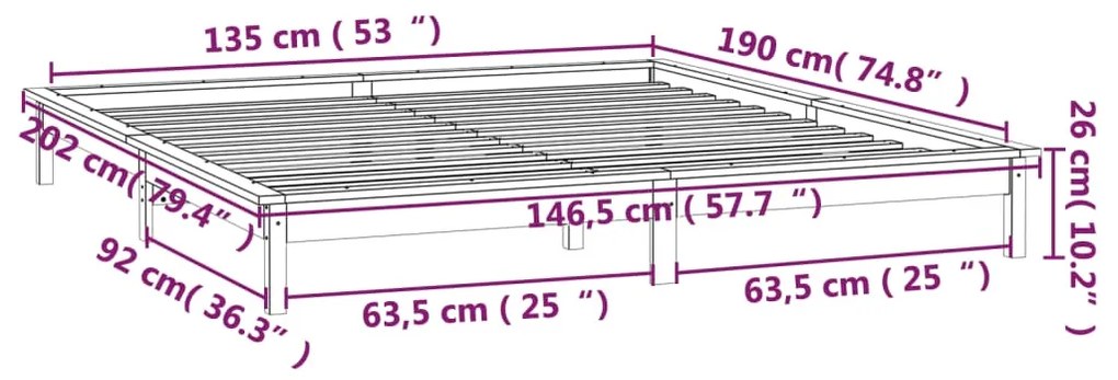 Πλαίσιο Κρεβατιού με LED 135 x 190 εκ. Διπλό από Μασίφ Ξύλο - Καφέ