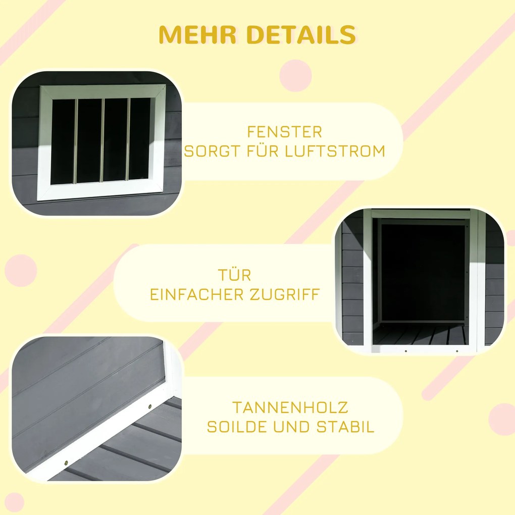 PawHut Σπιτάκι σκύλου εξωτερικού χώρου, με βεράντα, ανθεκτικό στις καιρικές συνθήκες, 124 cm x 112 cm x 105 cm, γκρι + λευκό