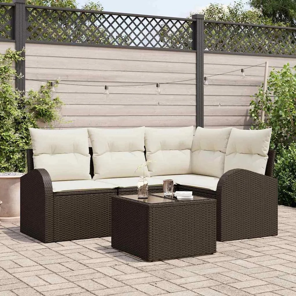 vidaXL Σετ Καναπέ Κήπου με μαξιλάρι 5 pcs Καφέ και λευκό Πολυ ράταν