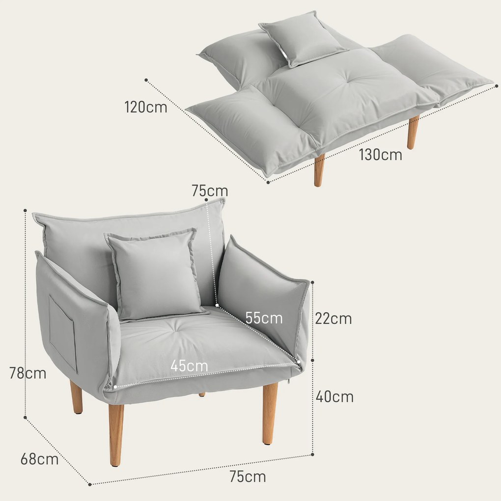 HOMCOM Ρυθμιζόμενη Πολυθρόνα Lounge 2-σε-1, Πολυθρόνα Δαπέδου με Μαξιλάρι, Πολυθρόνα Επένδυσης, για Σαλόνι, Υπνοδωμάτιο, Ανοιχτό Γκρι