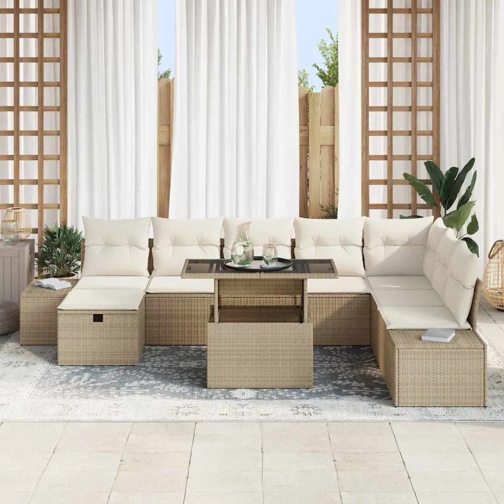 vidaXL Σετ Καναπέ Κήπου Ρυθμιζόμενο ύψος 9 pcs Μπεζ συνθετικό ρατάν