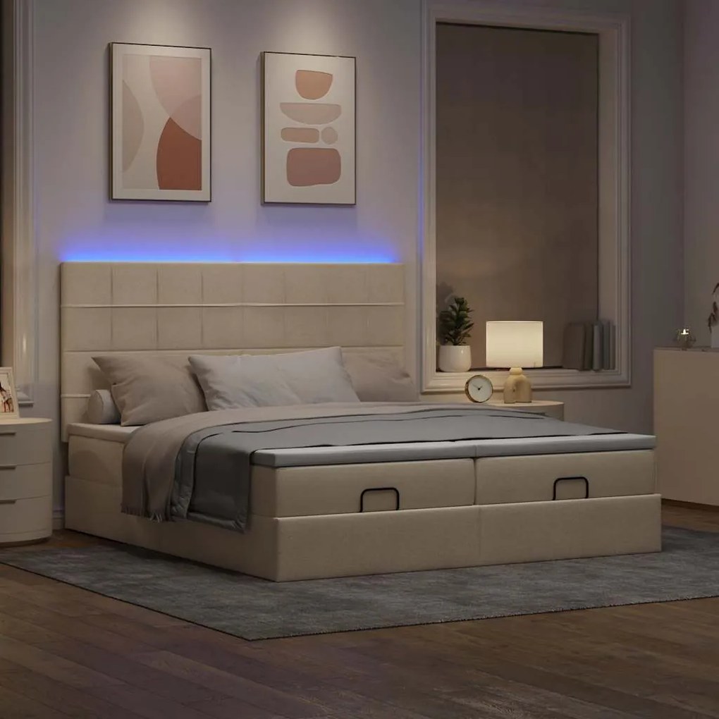 vidaXL Οθωμανικό κρεβάτι με στρώματα & LEDs Κρέμα 200x200cm ύφασμα