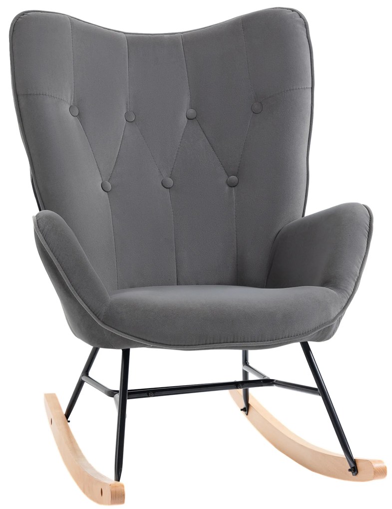 HOMCOM Κουνιστή πολυθρόνα με καπιτονέ, ξύλινες βάσεις, όψη βελούδου, έως 150 kg, σκούρο γκρι