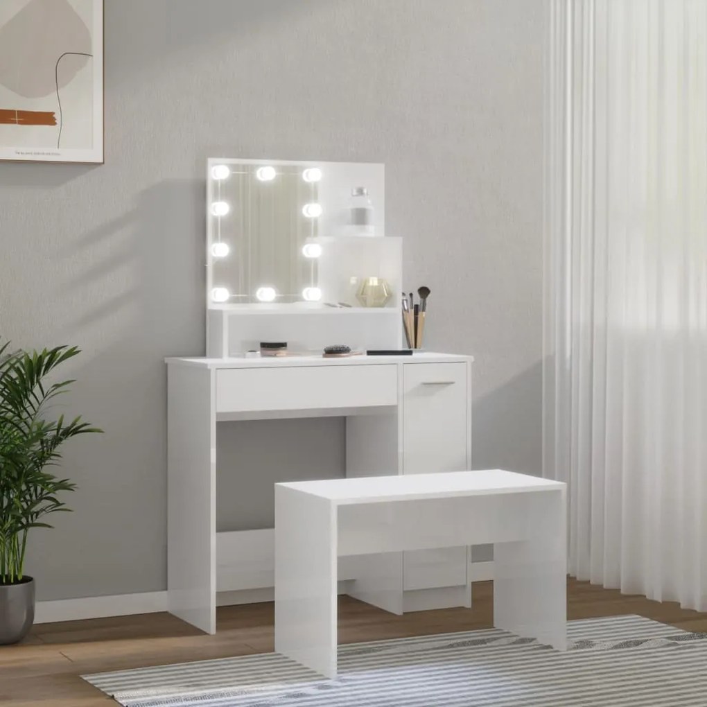 vidaXL Μπουντουάρ Σετ με LED Γυαλιστερό λευκό από Επεξεργασμένο Ξύλο