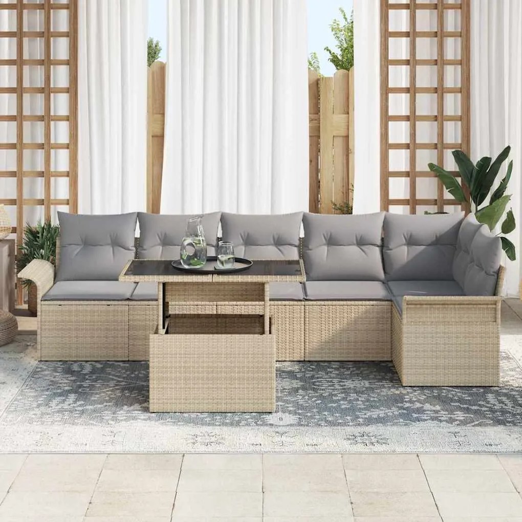 vidaXL Σετ Καναπέ Κήπου με μαξιλάρι 7 pcs Μπεζ Πολυ ράταν