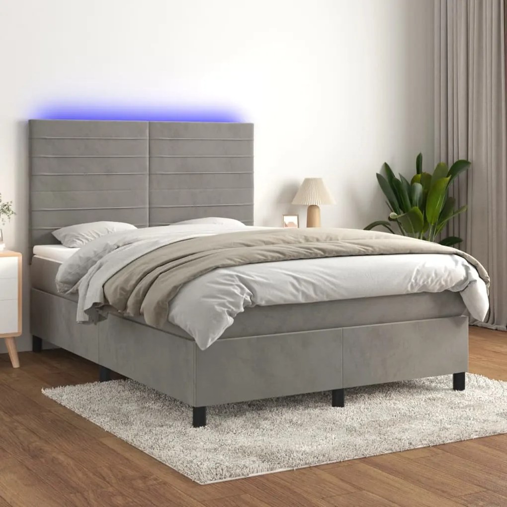 vidaXL Κρεβάτι Boxspring με Στρώμα&amp;LED Αν. Γκρι 140x190 εκ. Βελούδινο