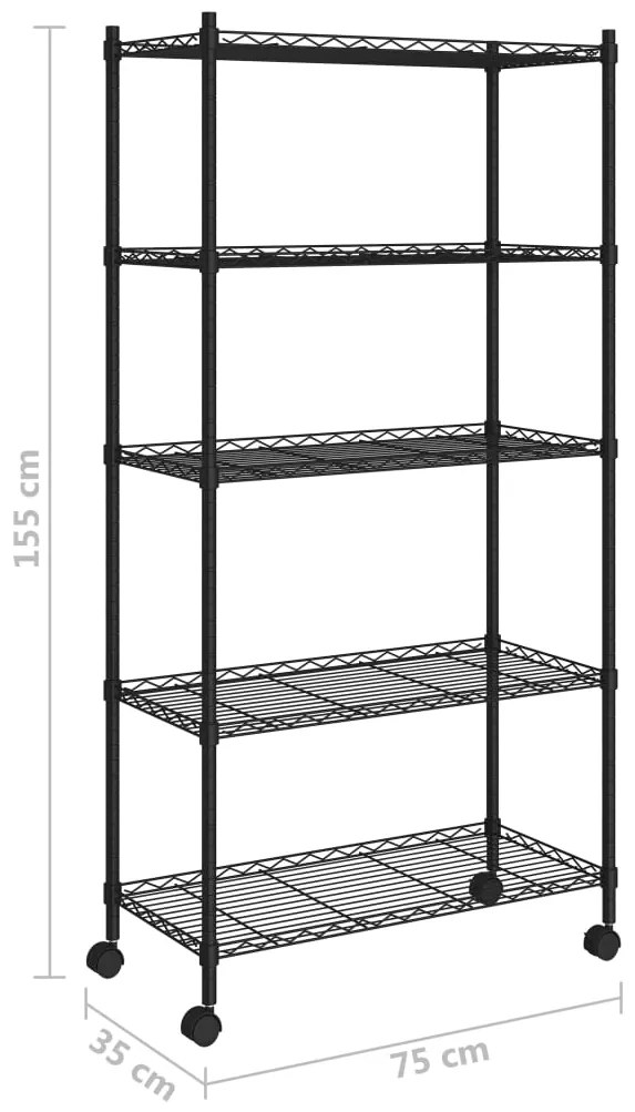 Ραφιέρα 5 Επιπέδων με Τροχούς Μαύρη 75x35x155 εκ. 250 κ. - Μαύρο