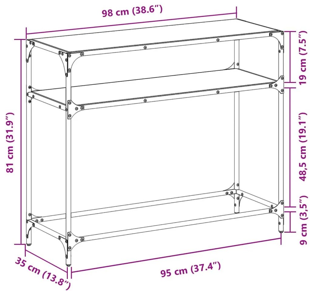 Τραπέζι Κονσόλα Επιφάνεια Μαύρο Γυαλί 98x35x81 εκ. Ατσάλι - Μαύρο